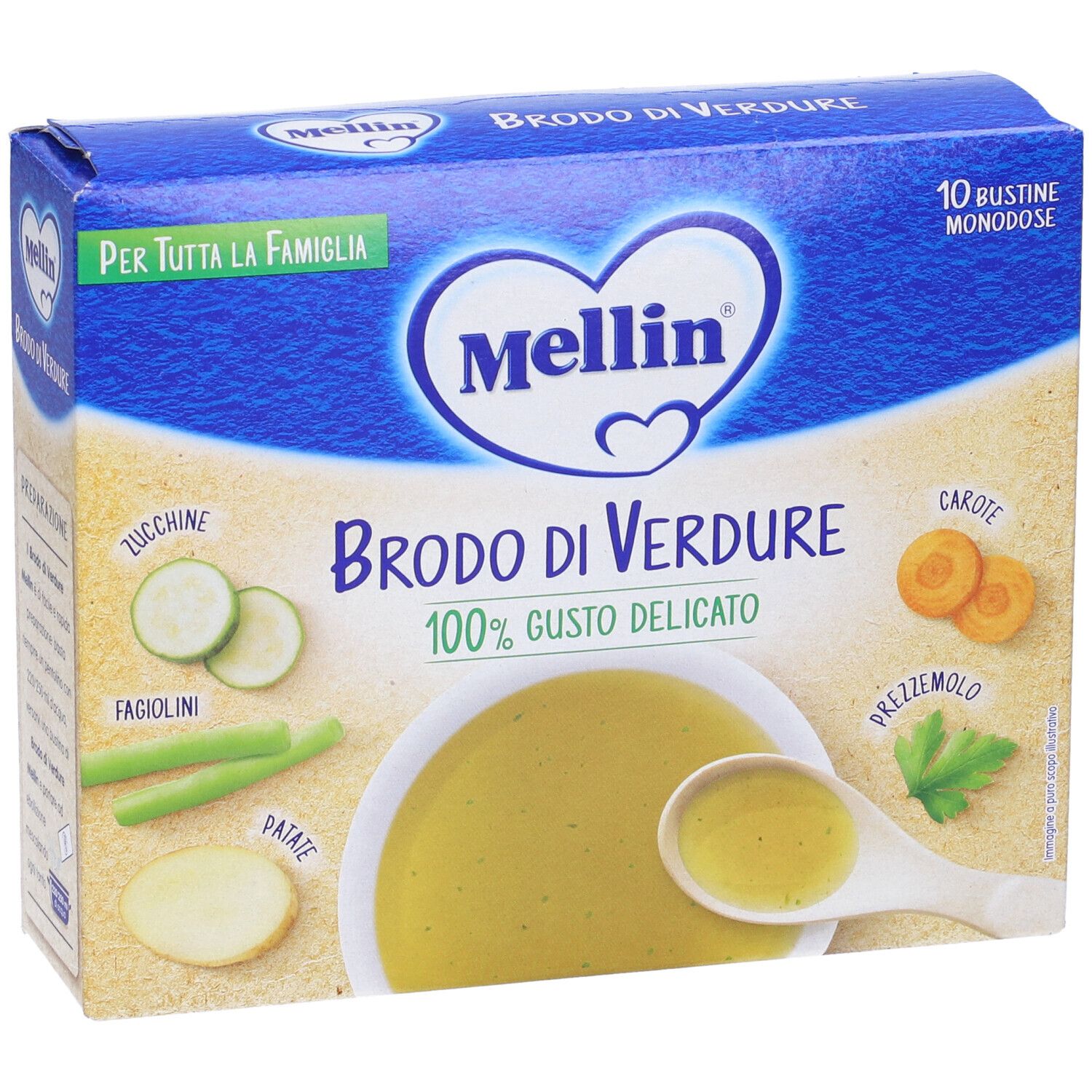 Blau-weiße Schachtel "Mellin Brodo di Verdure". Abbildung von Gemüse und Suppe. 10 Beutel. 100% delikater Geschmack.