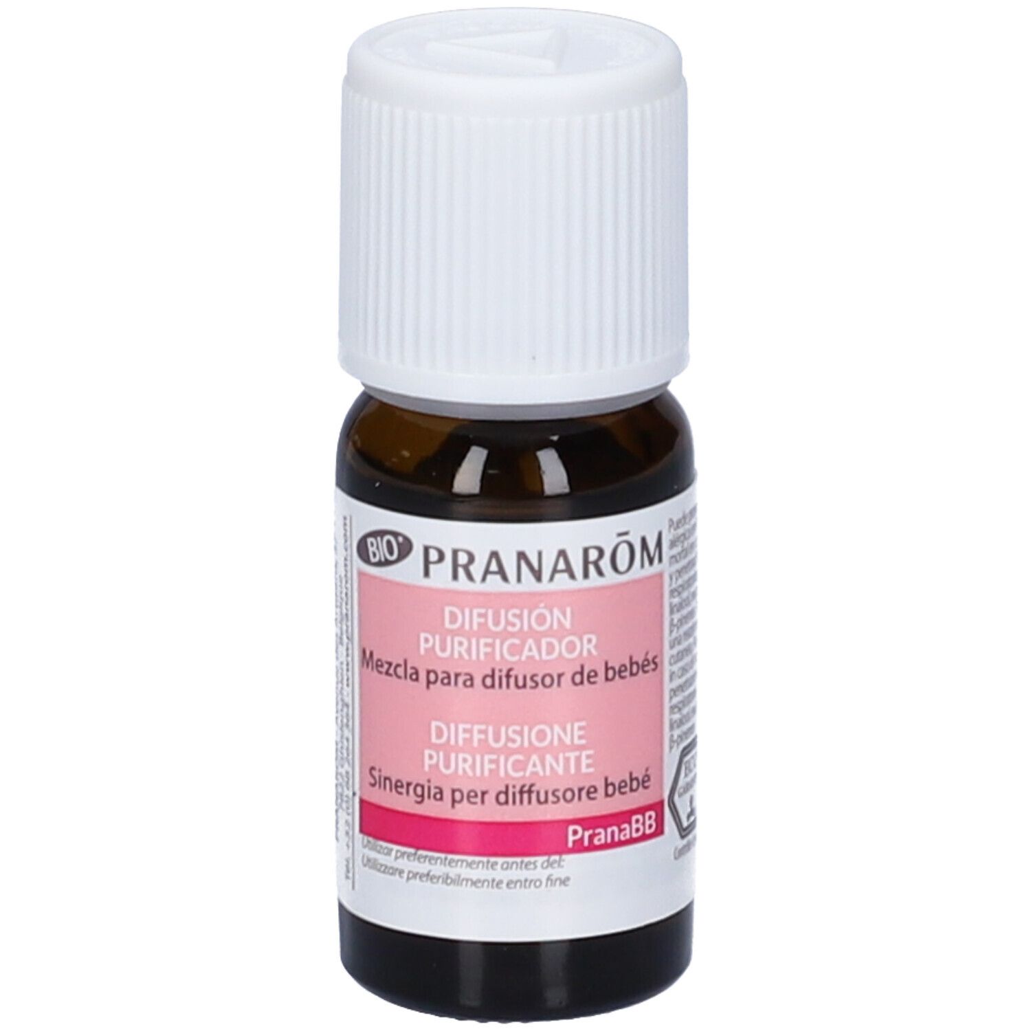 Flacone di vetro marrone con tappo bianco. Etichetta rosa con nome del prodotto. Visibili "Pranarom" e "Pranabebe".
