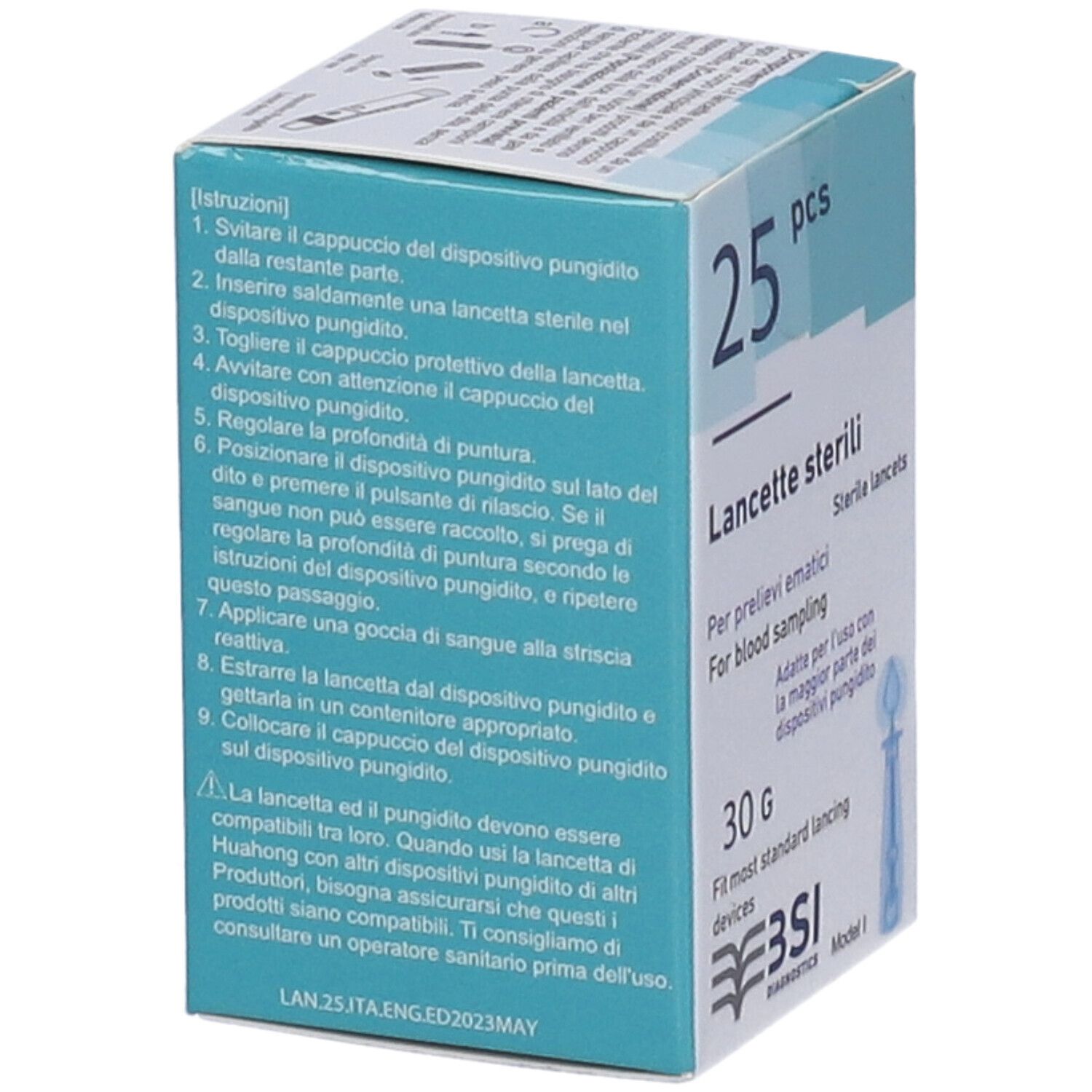 Packung mit 25 sterilen Lanzetten für Blutentnahme, 30g. Passend für die meisten Standard-Lanzettengeräte.