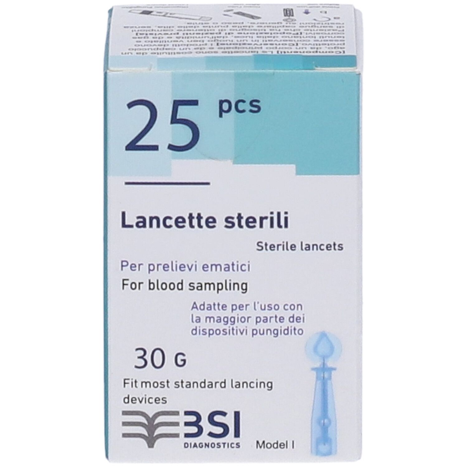 Packung mit 25 sterilen Lanzetten für Blutentnahme, 30g. Passend für die meisten Standard-Lanzettengeräte.