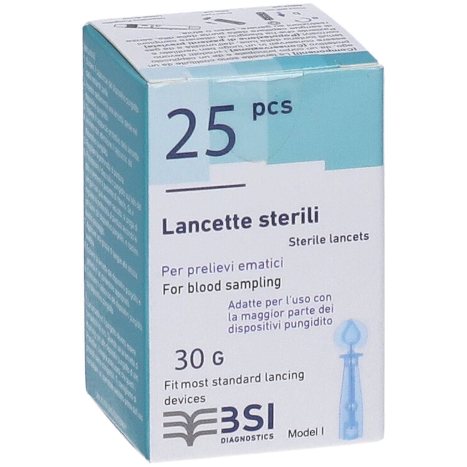 Packung mit 25 sterilen Lanzetten für Blutentnahme, 30g. Passend für die meisten Standard-Lanzettengeräte.