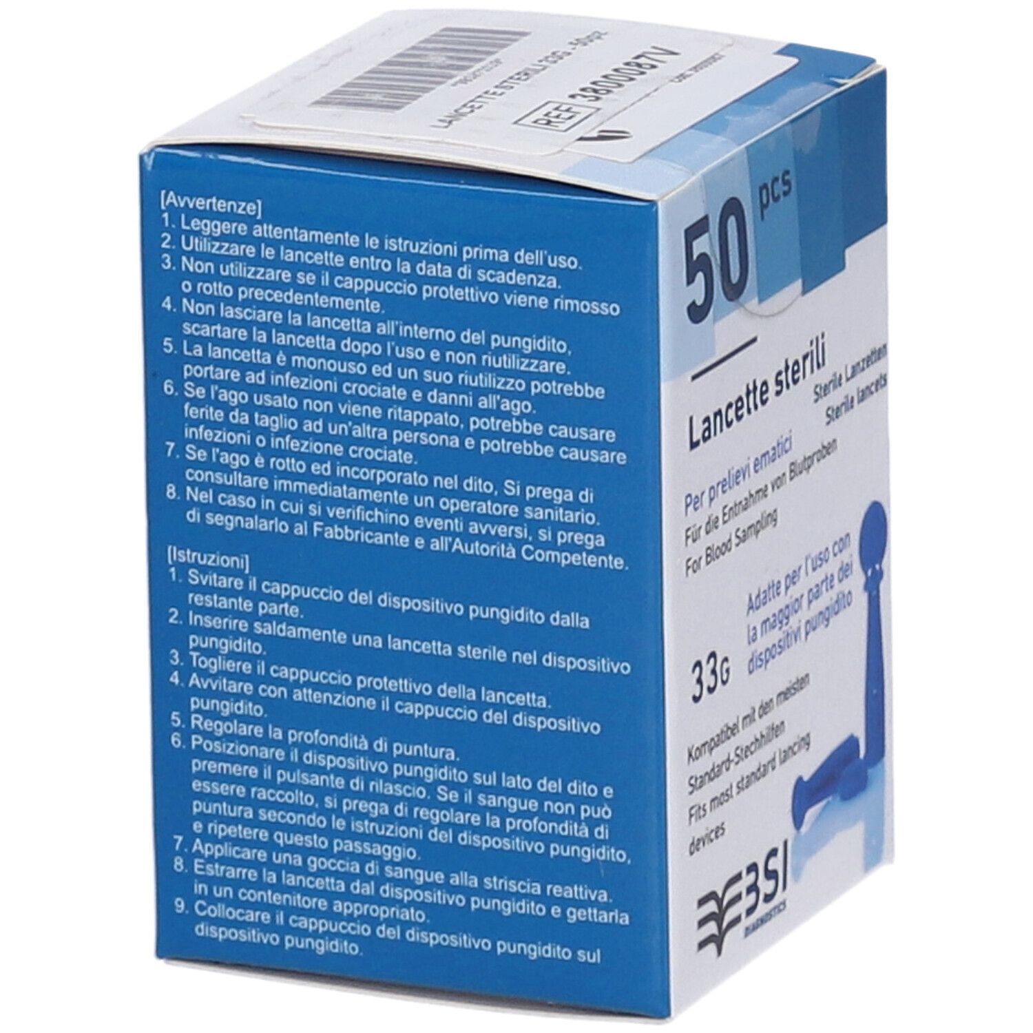 Verpackung mit 50 sterilen Lanzetten, 33g. Für Blutentnahme mit den meisten Stechhilfen.