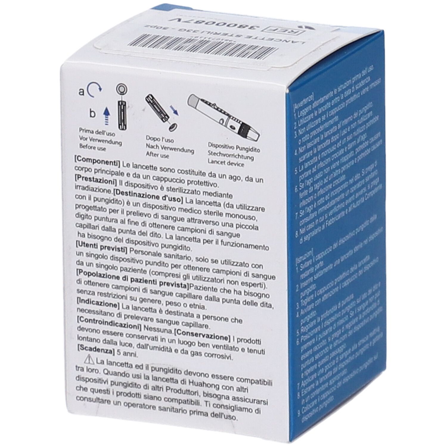 Verpackung mit 50 sterilen Lanzetten, 33g. Für Blutentnahme mit den meisten Stechhilfen.
