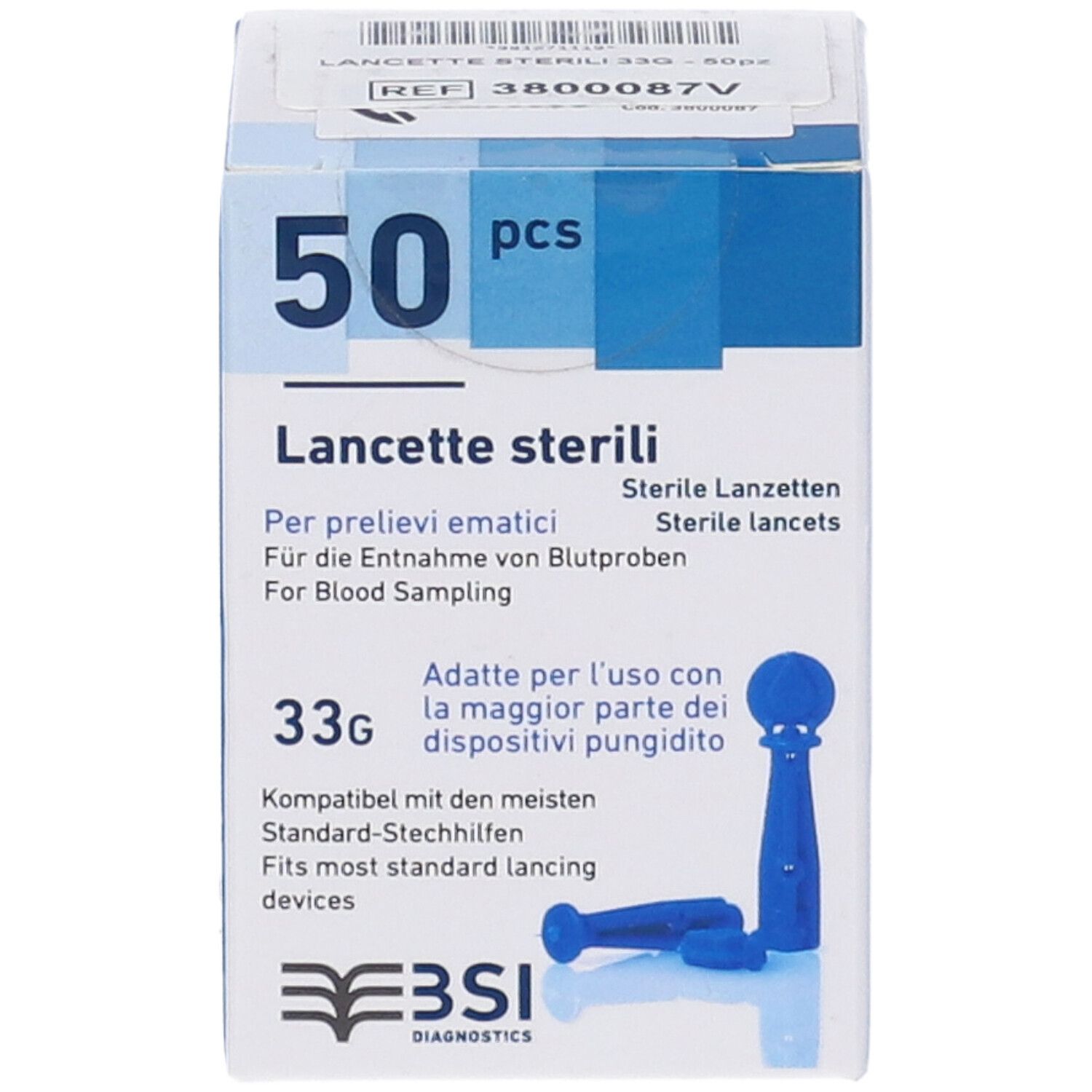 Verpackung mit 50 sterilen Lanzetten, 33g. Für Blutentnahme mit den meisten Stechhilfen.