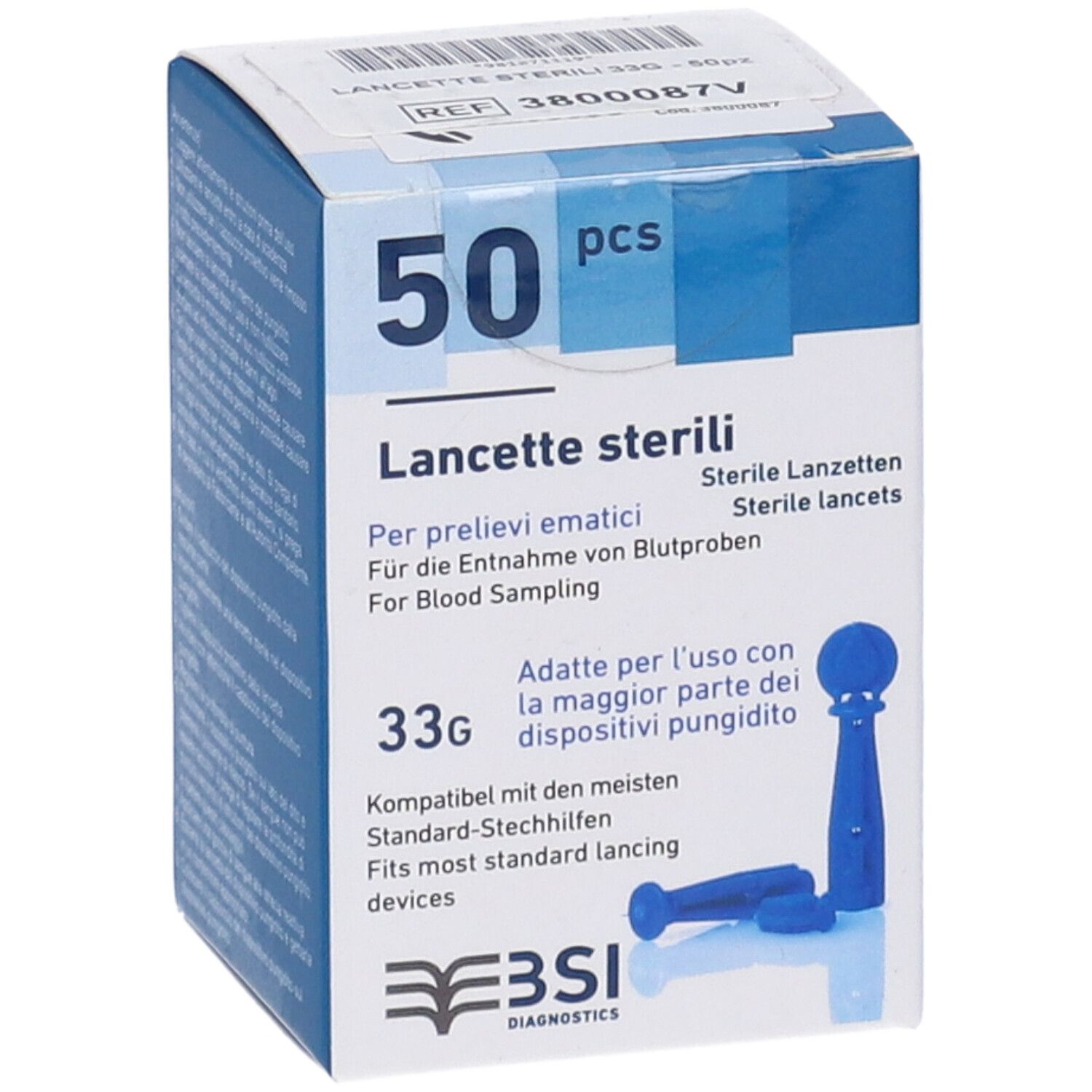 Verpackung mit 50 sterilen Lanzetten, 33g. Für Blutentnahme mit den meisten Stechhilfen.