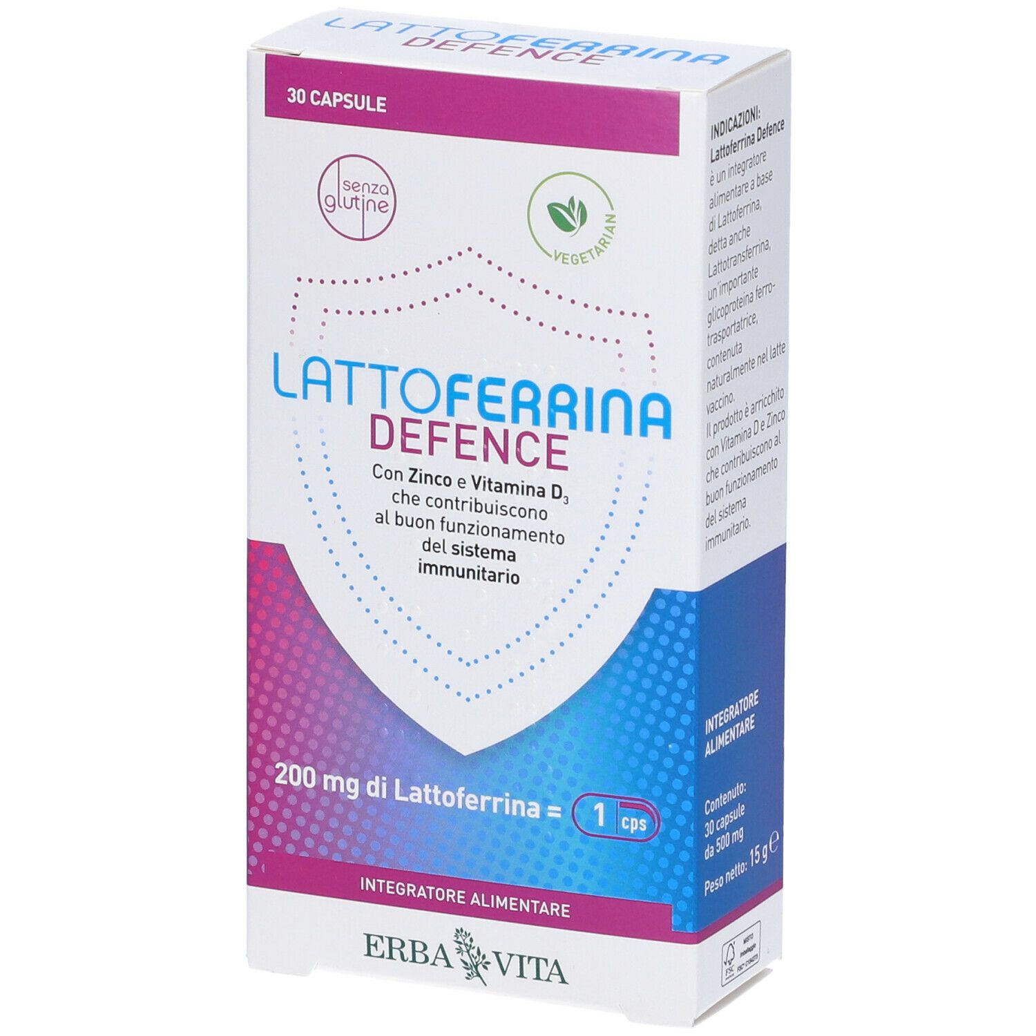 Scatola di capsule Lattoferrina Defence. Scritto: 30 capsule, senza glutine, vegetariano. Marchio Erba Vita.