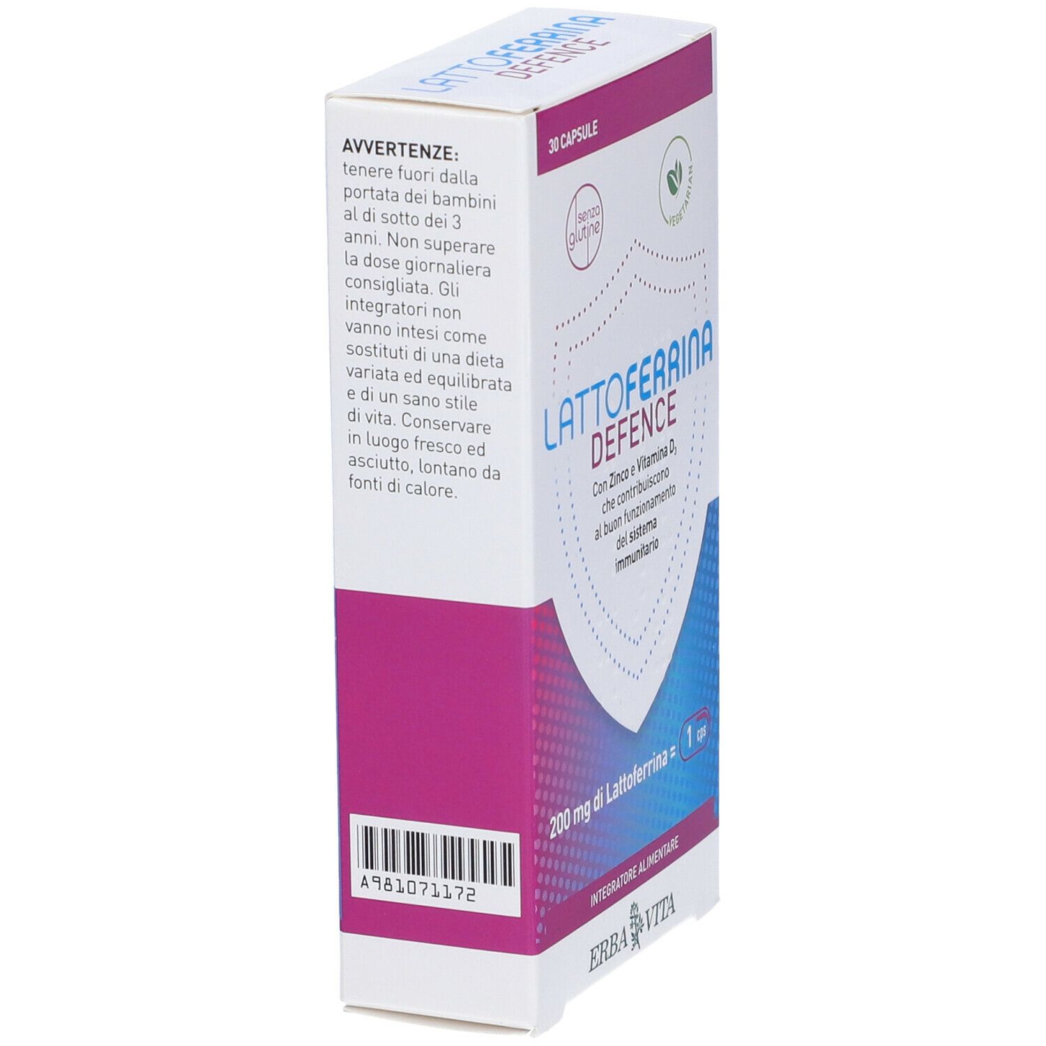 Vista laterale della confezione Lattoferrina Defence. Testo: 30 capsule, senza glutine, vegetariano. Marchio Erba Vita.