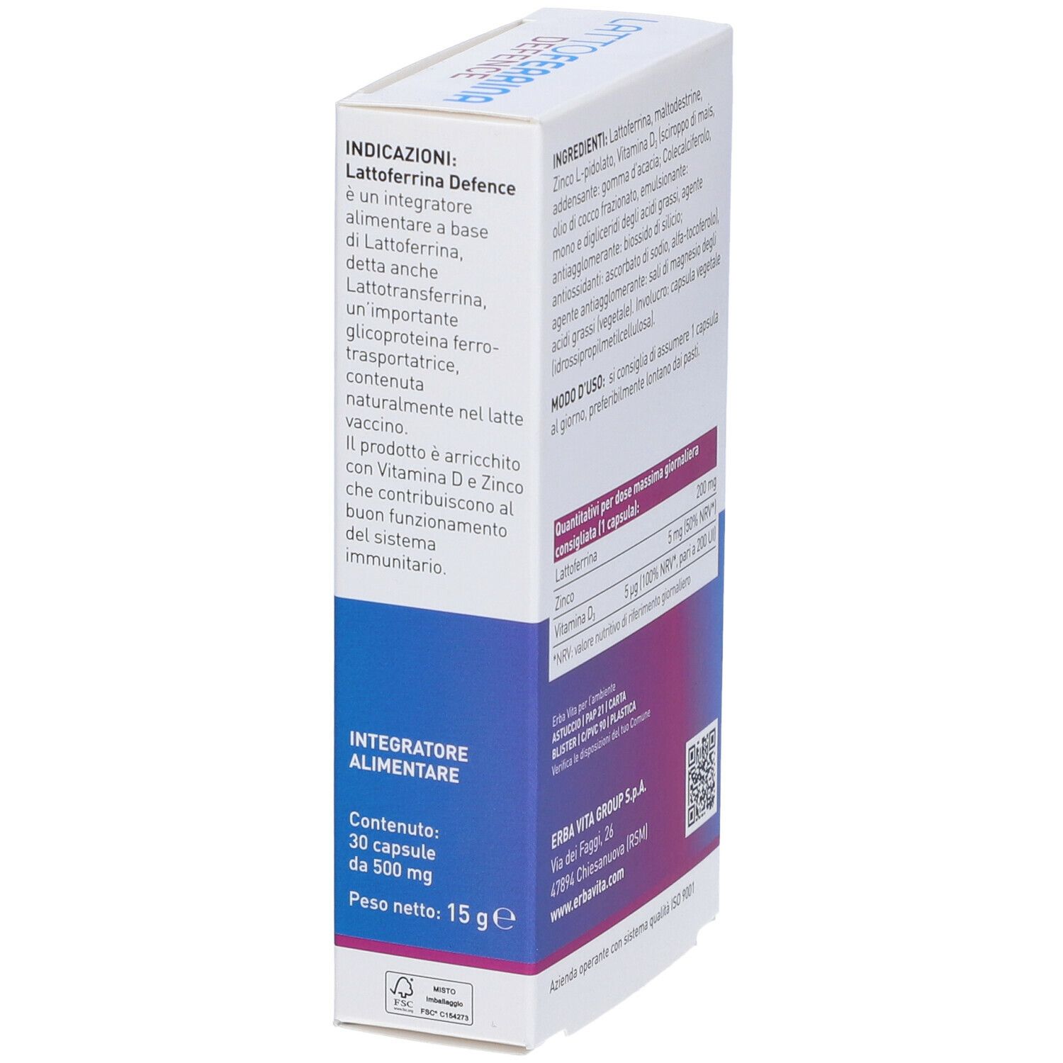 Vista laterale della confezione Lattoferrina Defence. Testo: 30 capsule, senza glutine, vegetariano. Marchio Erba Vita.