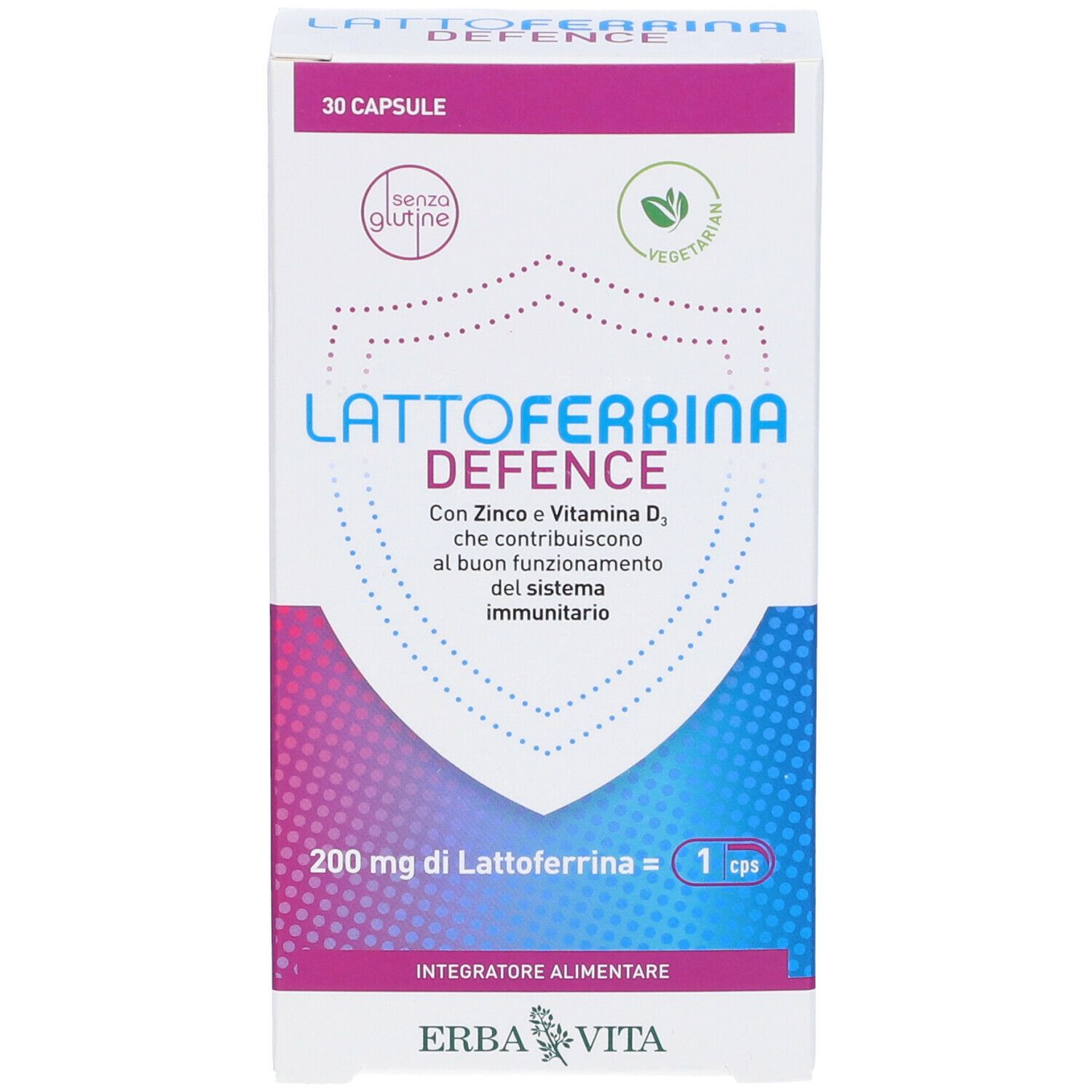 Scatola di capsule Lattoferrina Defence. Scritto: 30 capsule, senza glutine, vegetariano. Marchio Erba Vita.
