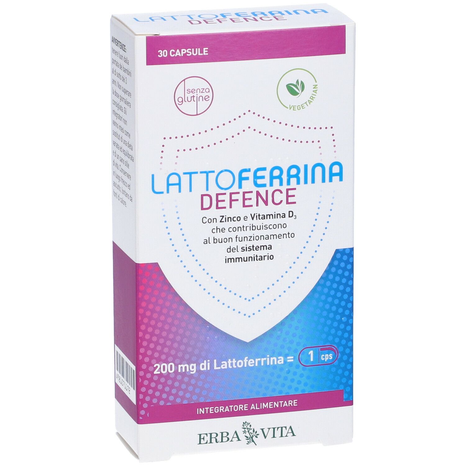 Scatola di capsule Lattoferrina Defence. Scritto: 30 capsule, senza glutine, vegetariano. Marchio Erba Vita.