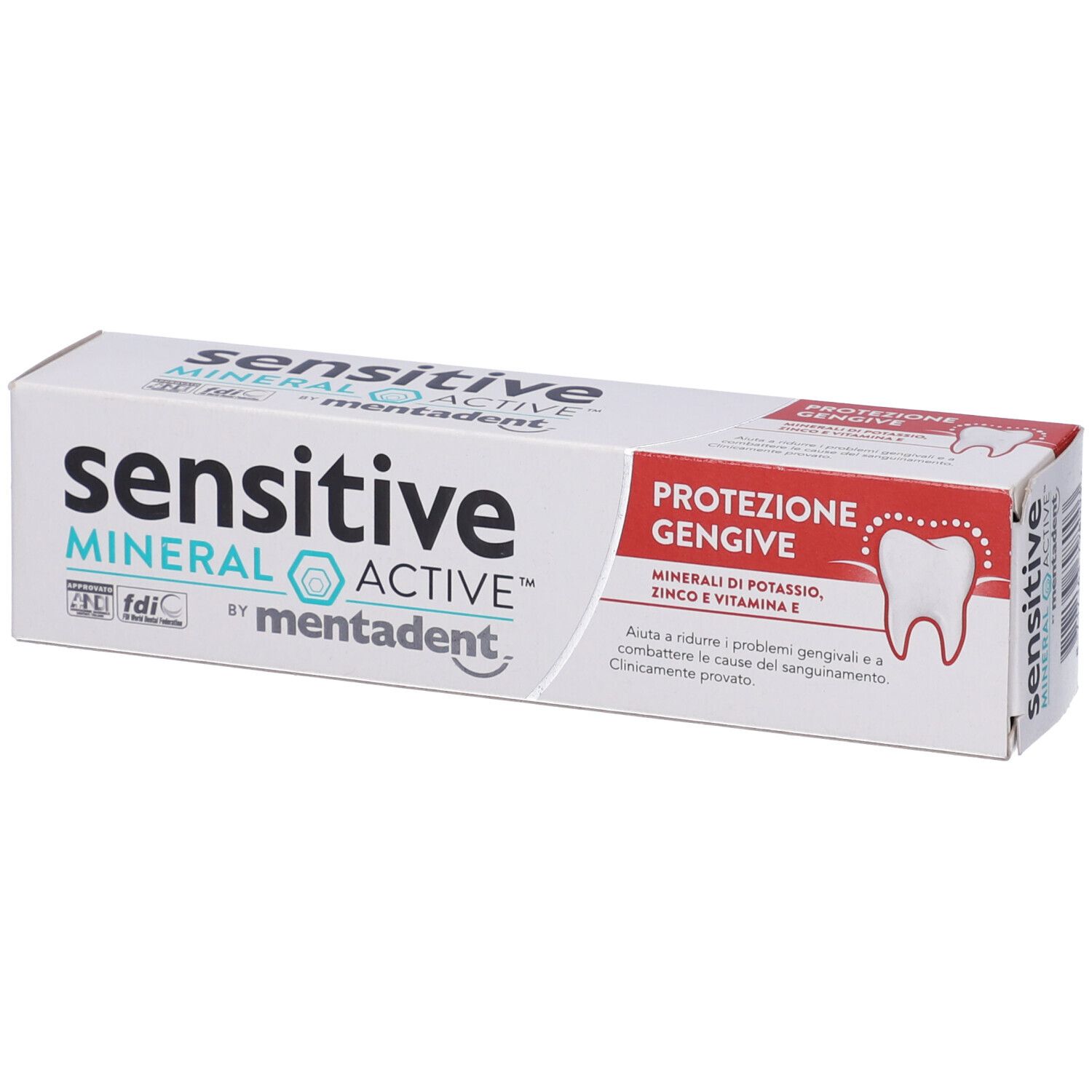 Scatola di dentifricio bianca con dettagli blu e rossi. Scritta: sensitive MINERAL ACTIVE by mentadent. Con simbolo del dente.