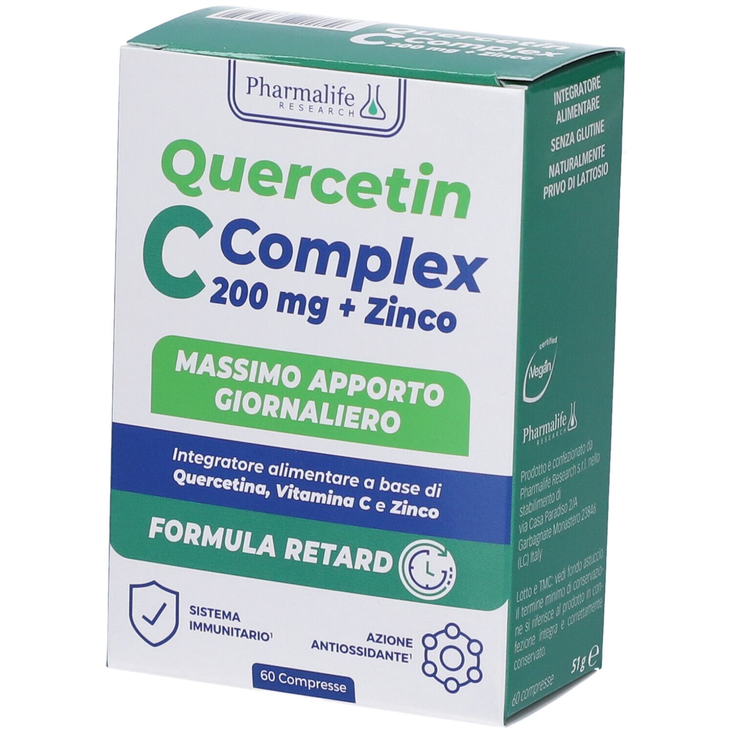 Scatola di Quercetin C + Zinco Complex Compresse. Design verde e bianco. Testo: 200 mg + Zinco, Massima apporto giornaliero.