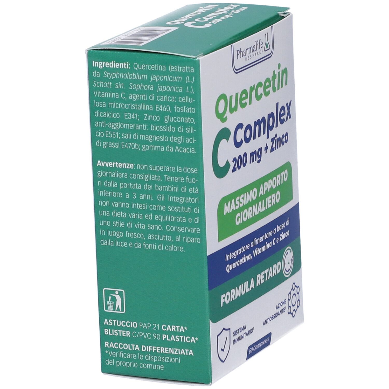 Scatola Quercetin C + Zinco Complex Compresse. Vista laterale. Testo: Ingredienti, Formula Retard, 60 Compresse, informazioni produttore.