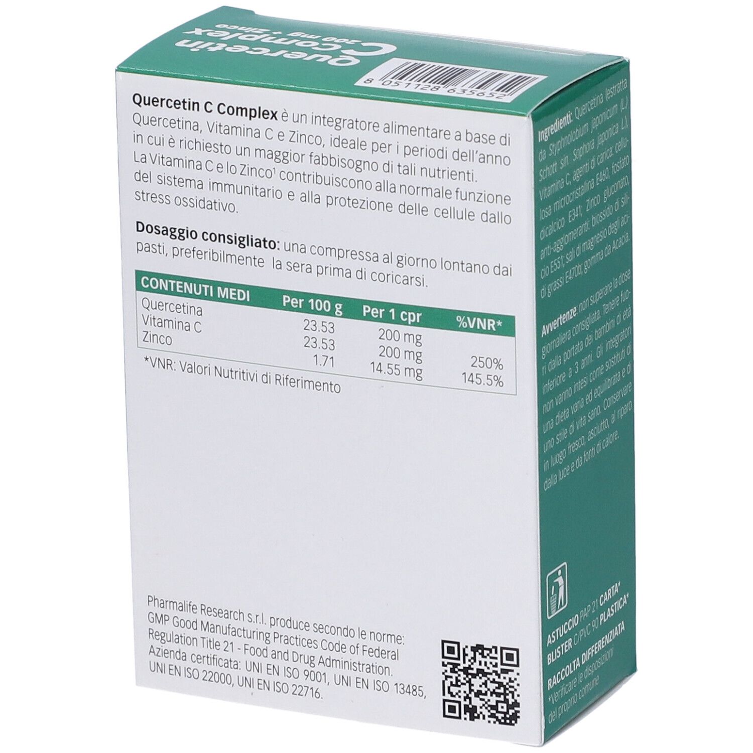 Scatola Quercetin C + Zinco Complex Compresse. Retro. Testo: Valori nutrizionali, informazioni produttore, codice QR, sigillo Vegan.
