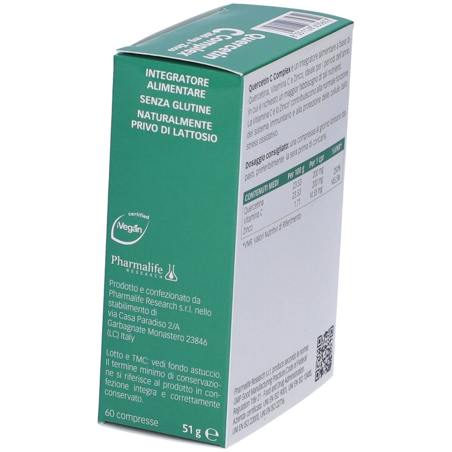 Scatola Quercetin C + Zinco Complex Compresse. Vista laterale. Testo: Integratore alimentare, senza glutine, naturalmente privo di lattosio.