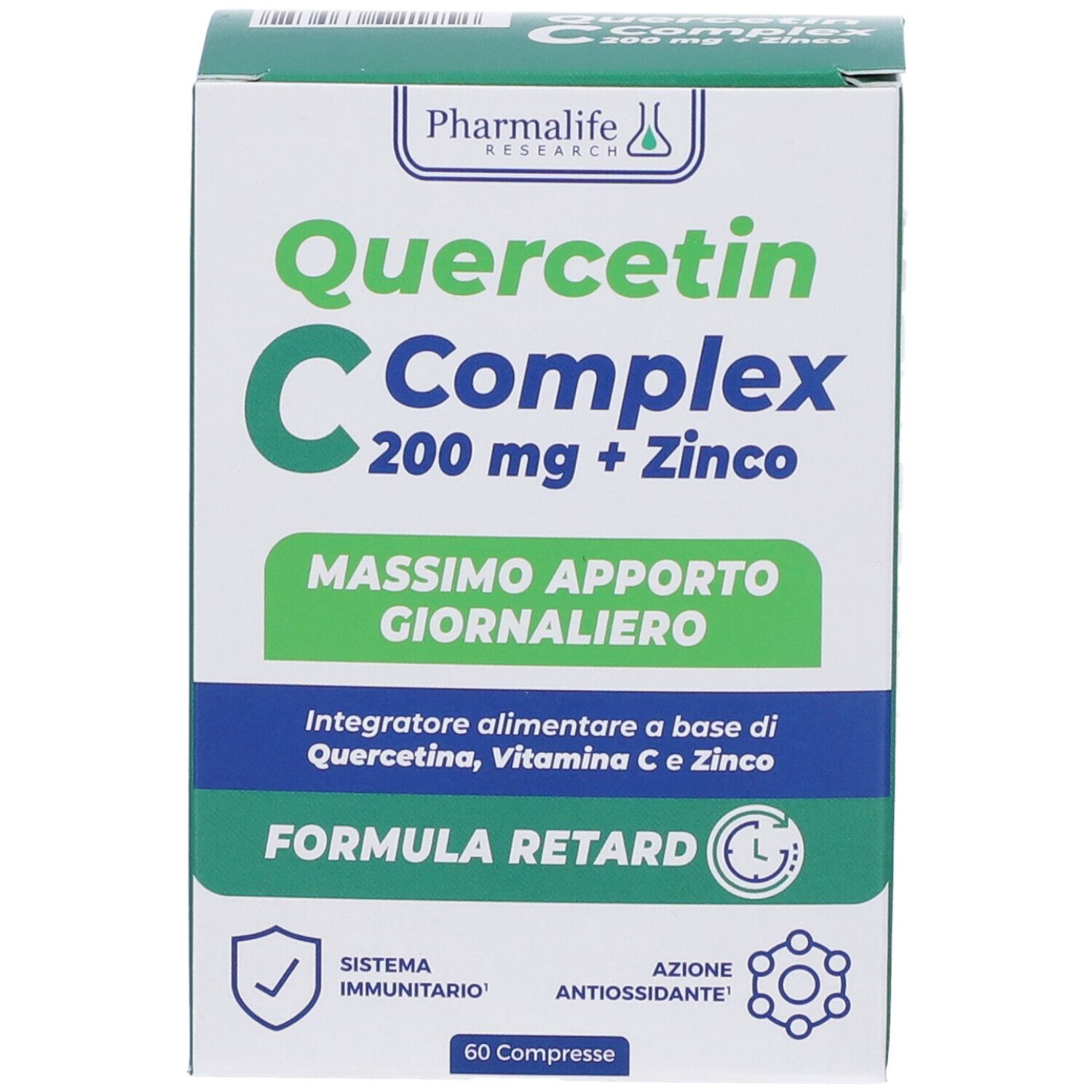 Scatola Quercetin C + Zinco Complex Compresse. Vista frontale. Design verde e bianco. Testo: 200 mg + Zinco, Massima apporto giornaliero, 60 Compresse.