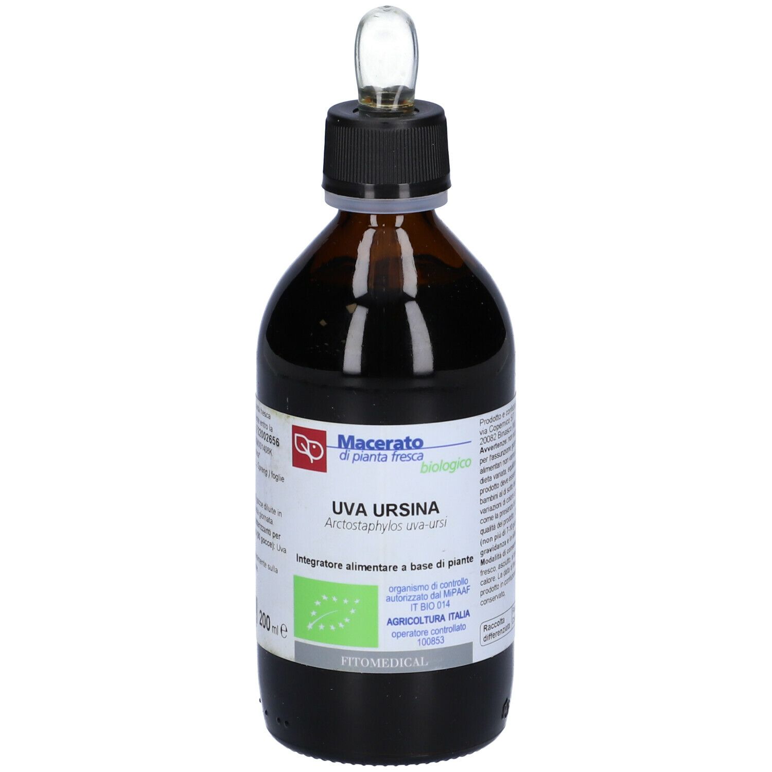 Flacone di vetro marrone con tappo nero e contagocce. Etichetta con nome del prodotto e logo bio.
