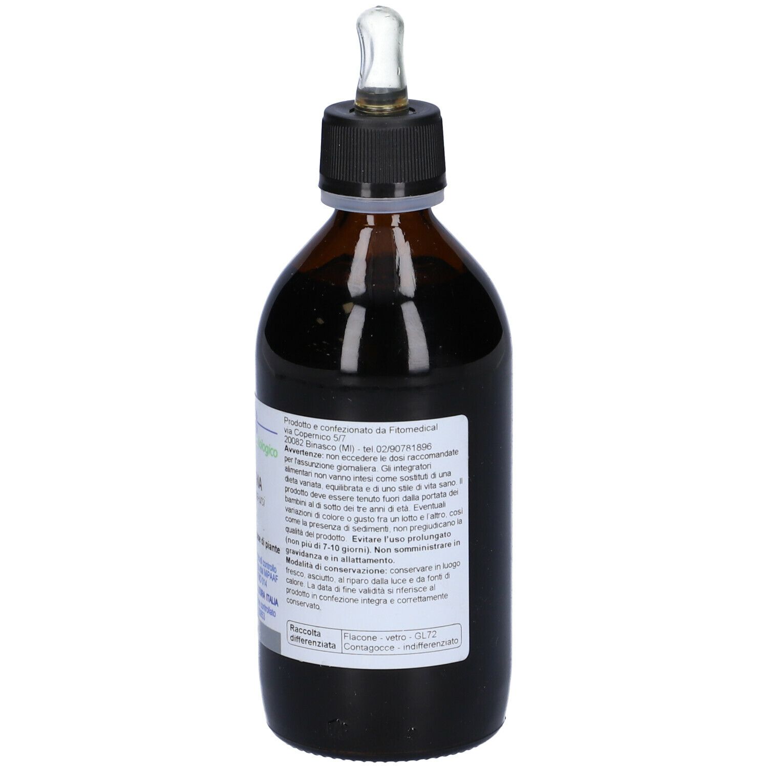 Flacone di vetro marrone con tappo nero e contagocce. Etichetta con informazioni sul prodotto e logo bio.