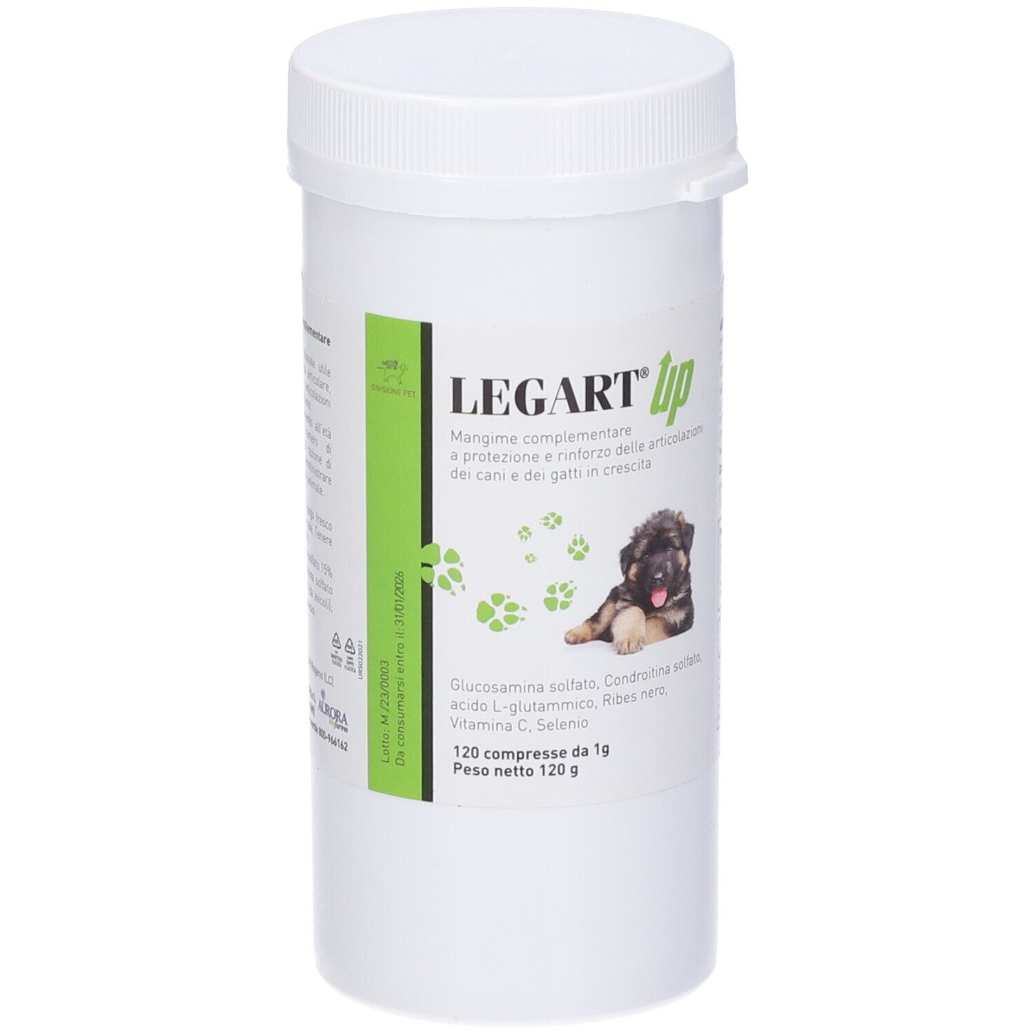 Weiße Dose mit grünem Etikett. Aufschrift: LEGART up. Abbildung eines Welpen. 120 Tabletten.