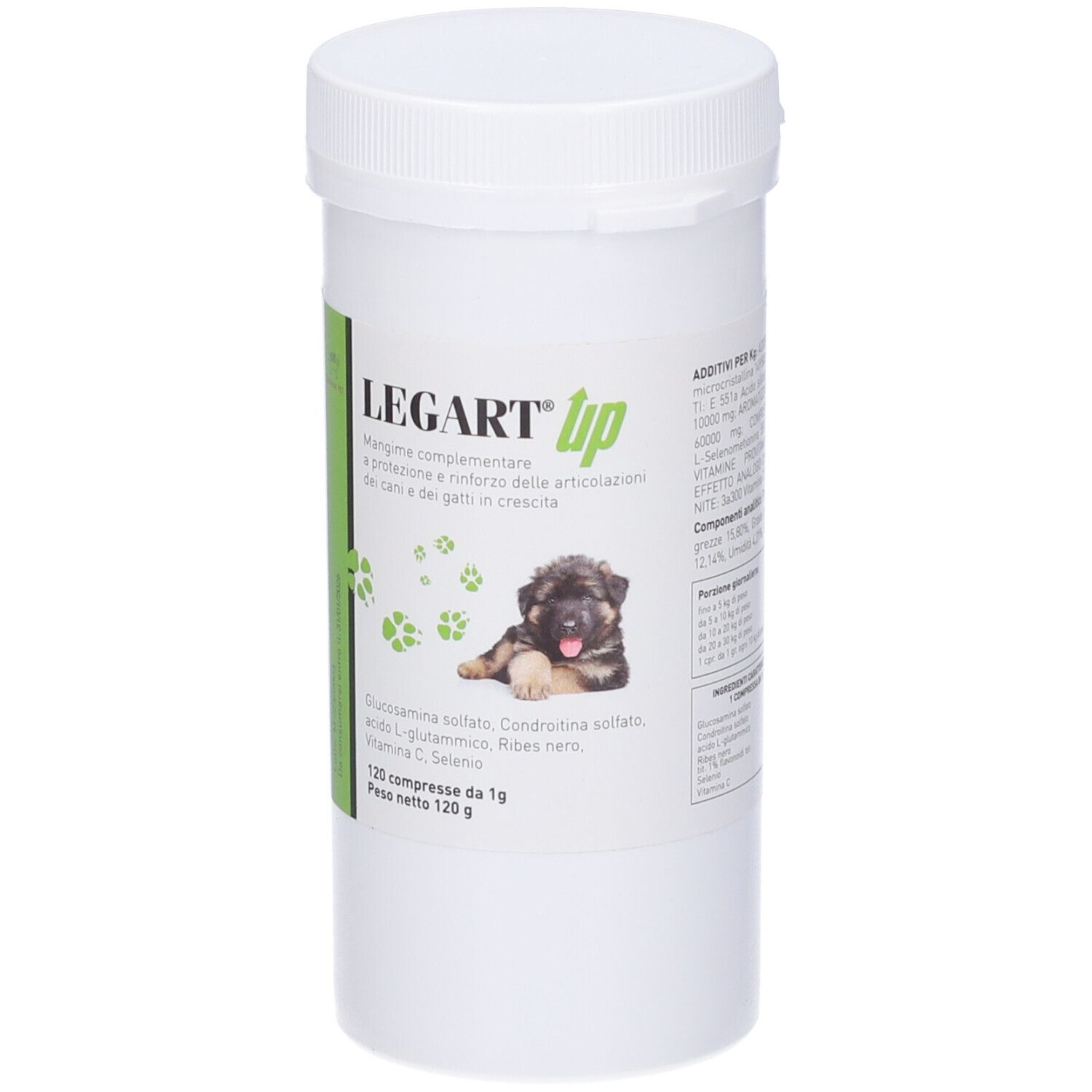 Weiße Dose mit grünem Etikett. Aufschrift: LEGART up. Abbildung eines Welpen. 120 Tabletten.