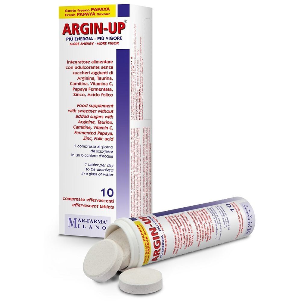 Argin-Up, 10 compresse effervescenti. Compresse bianche e confezione. Nome del prodotto e ingredienti visibili.