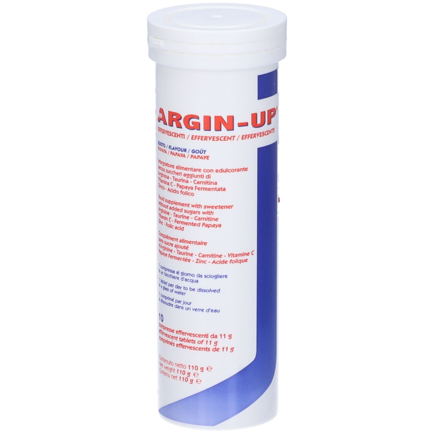 Argin-Up, tubo con 10 compresse effervescenti. Contenitore bianco con striscia blu. Nome e ingredienti del prodotto.