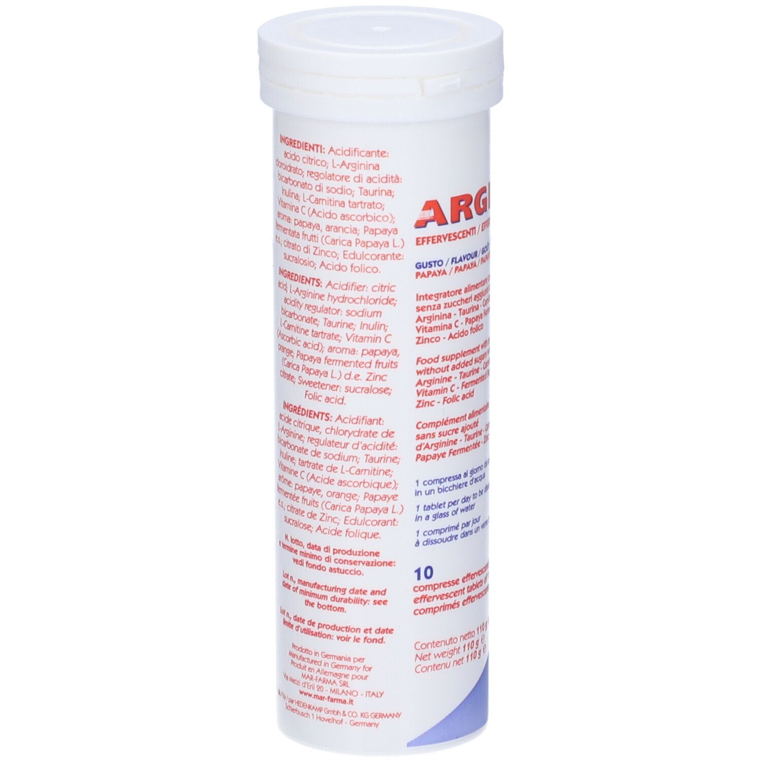 Argin-Up, tubo con 10 compresse effervescenti. Contenitore bianco. Ingredienti e informazioni nutrizionali.