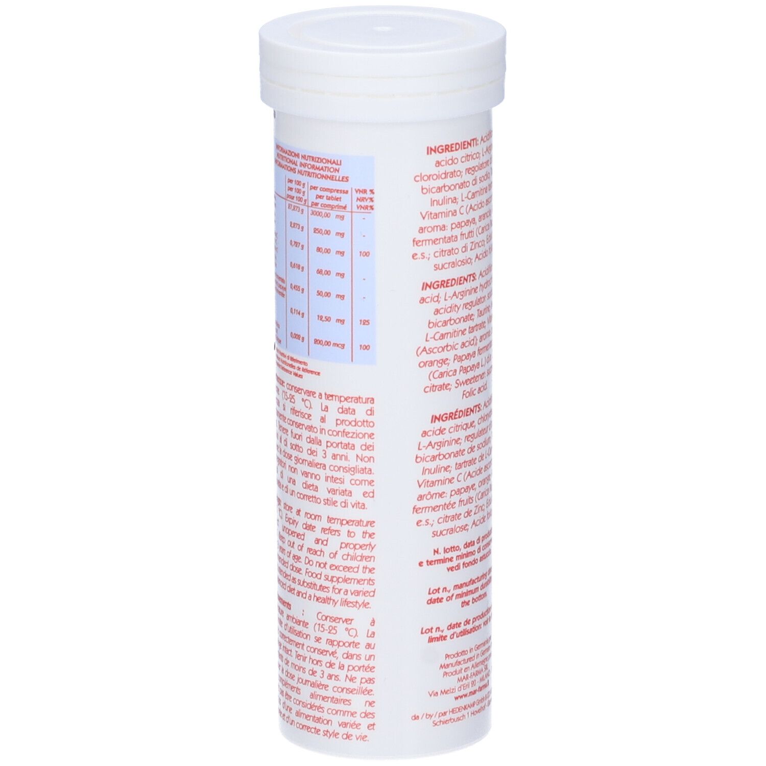 Argin-Up, tubo con 10 compresse effervescenti. Contenitore bianco. Ingredienti e informazioni nutrizionali.