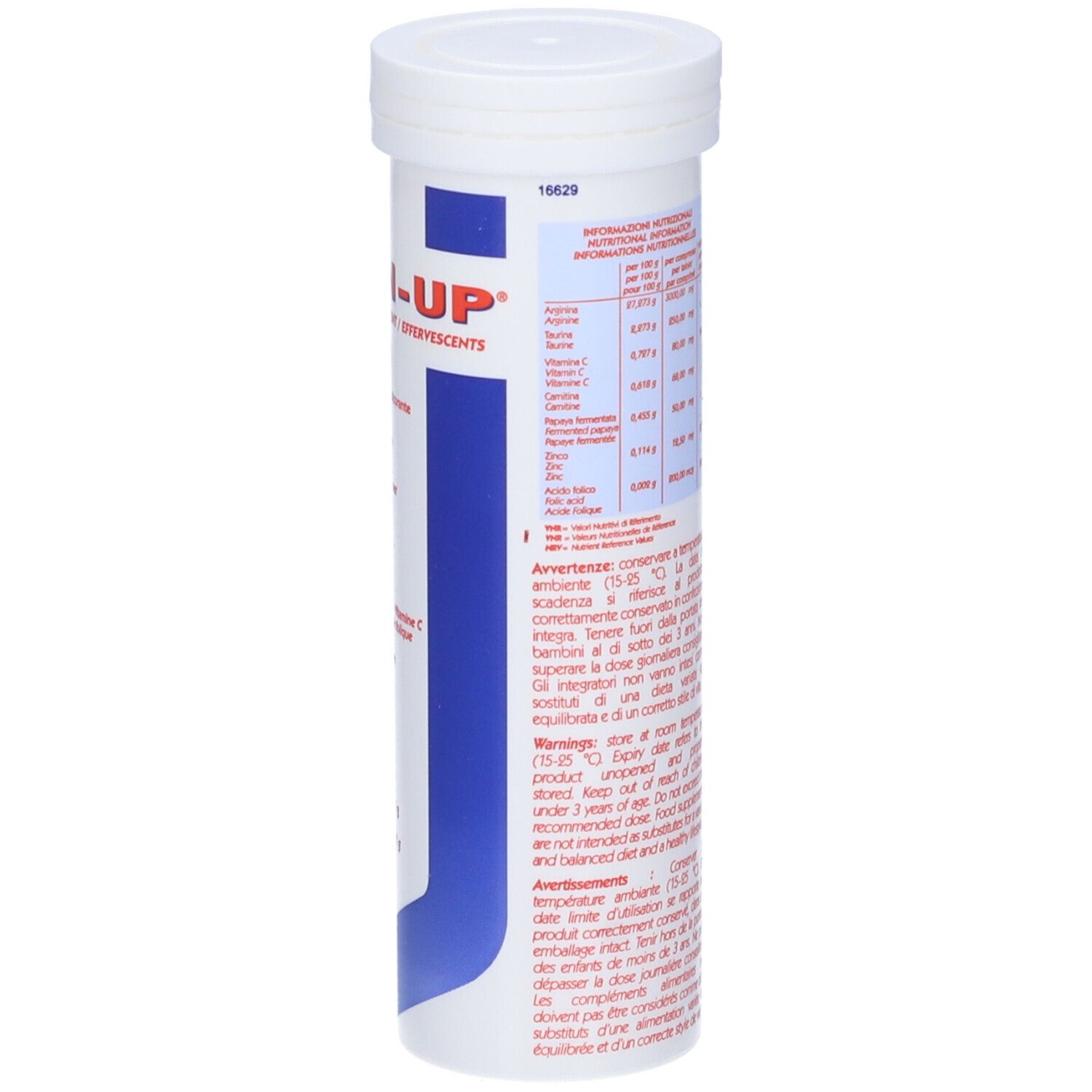 Argin-Up, tubo con 10 compresse effervescenti. Contenitore bianco. Informazioni nutrizionali e avvertenze.