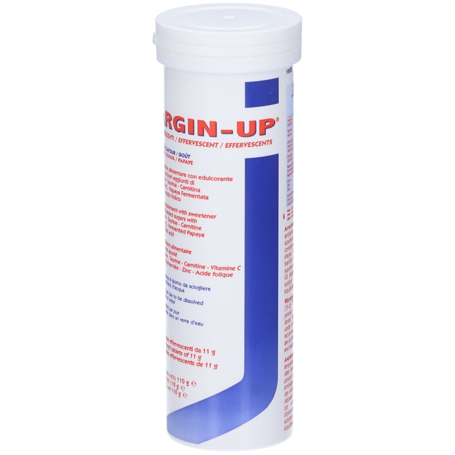 Argin-Up, tubo con 10 compresse effervescenti. Contenitore bianco con striscia blu. Nome e ingredienti del prodotto.