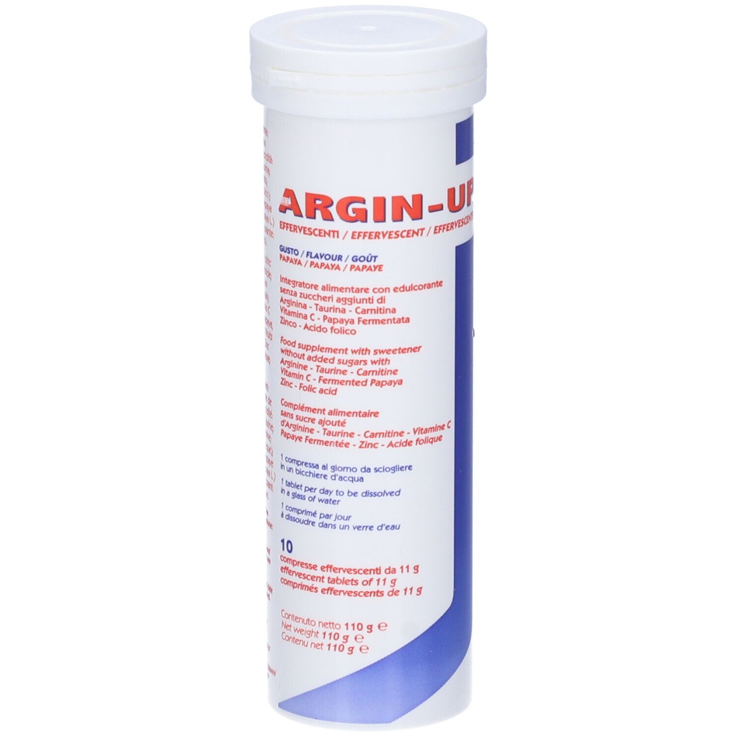 Argin-Up, tubo con 10 compresse effervescenti. Contenitore bianco con striscia blu. Nome e ingredienti del prodotto.