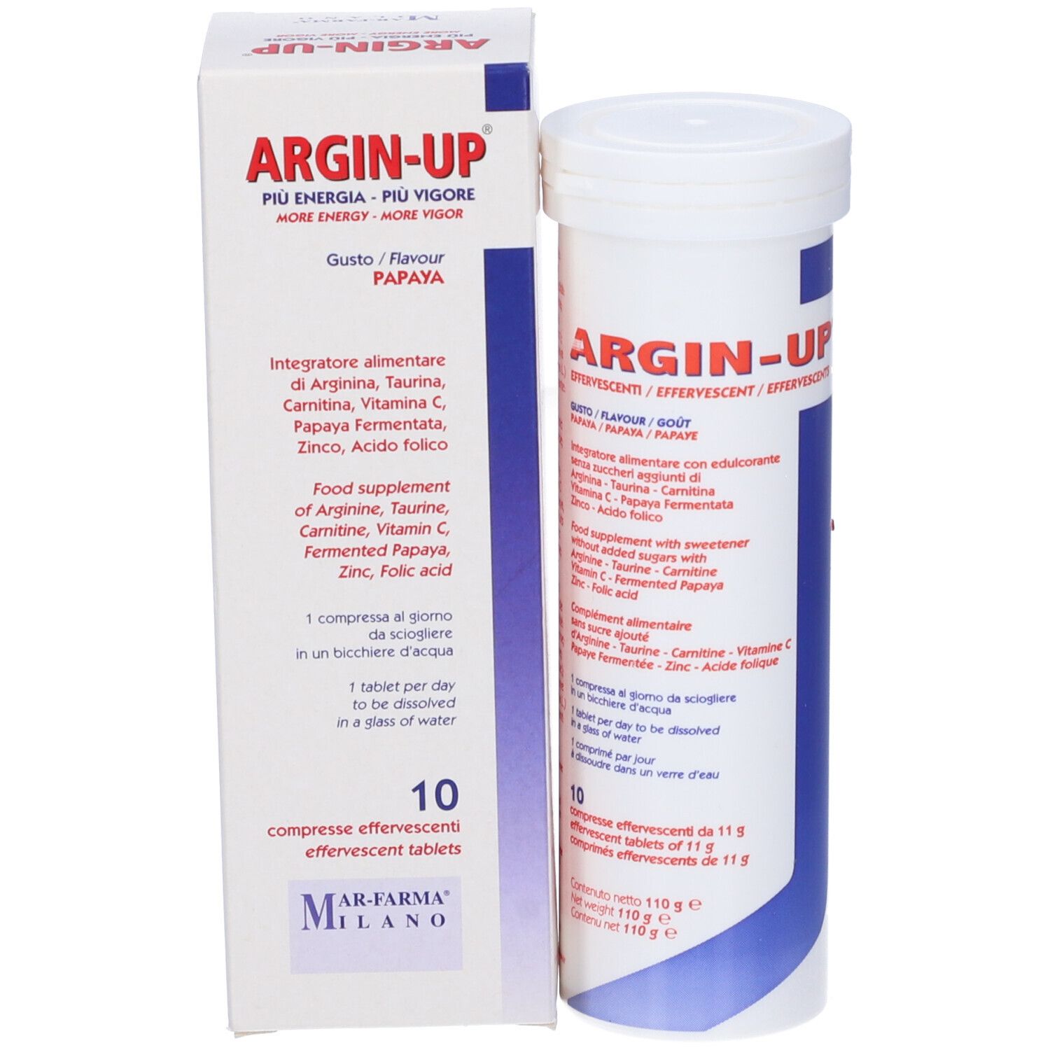 Argin-Up, 10 compresse effervescenti e confezione. Contenitore bianco e scatola. Nome e ingredienti del prodotto.
