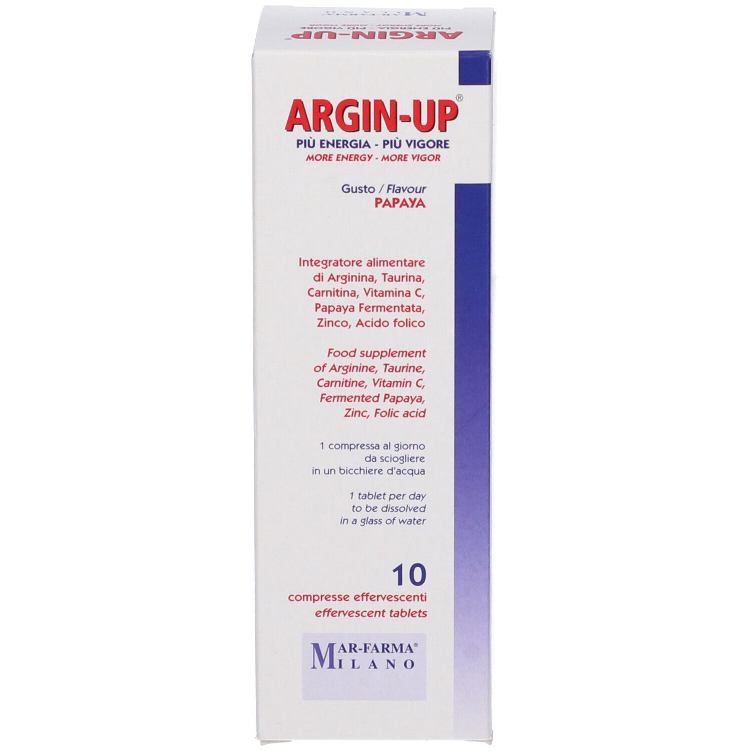 Argin-Up, confezione. Scatola bianca con nome e ingredienti del prodotto. Marchio Mar-Farma.