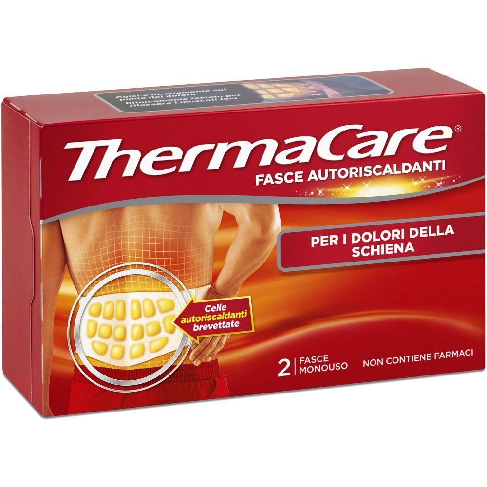 Confezione di ThermaCare® Fasce Autoriscaldanti. Scatola rossa con nome prodotto e immagine della schiena. 2 fasce monouso.