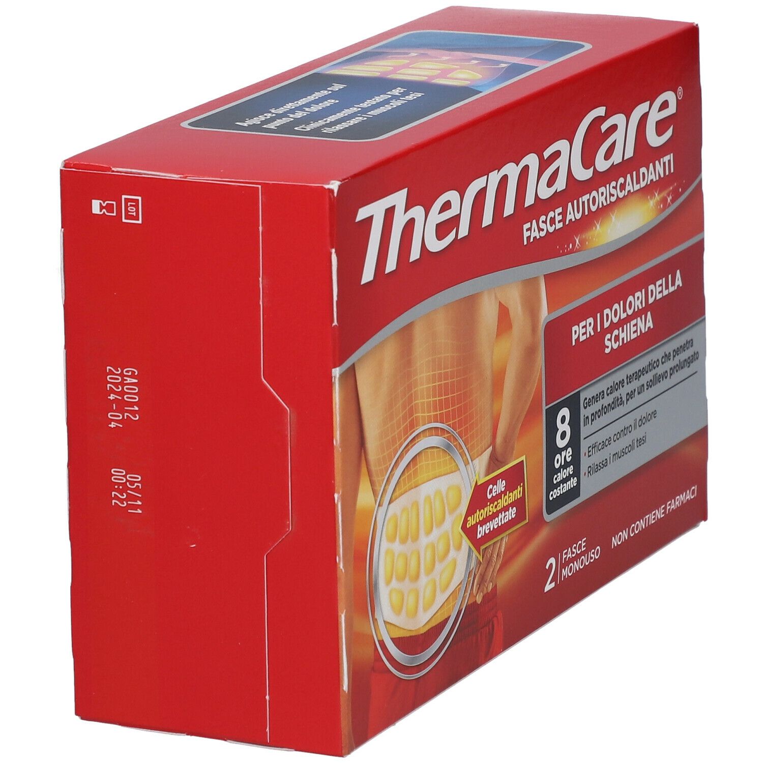 Confezione di ThermaCare® Fasce Autoriscaldanti. Scatola rossa, vista laterale con testo e data di produzione. 2 fasce monouso.