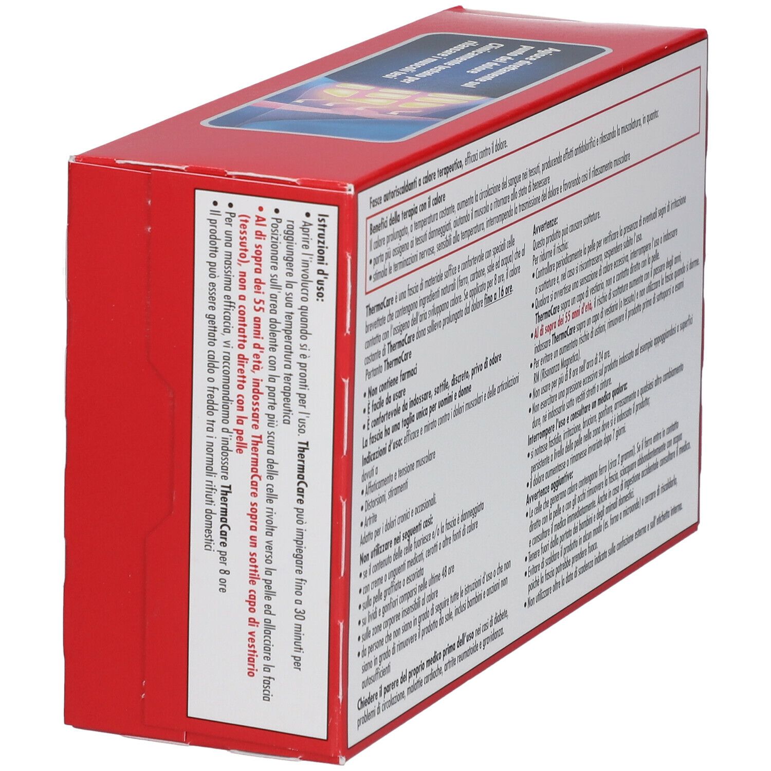 Lato della confezione ThermaCare® Fasce Autoriscaldanti. Informazioni testuali su sfondo rosso. 2 fasce monouso.