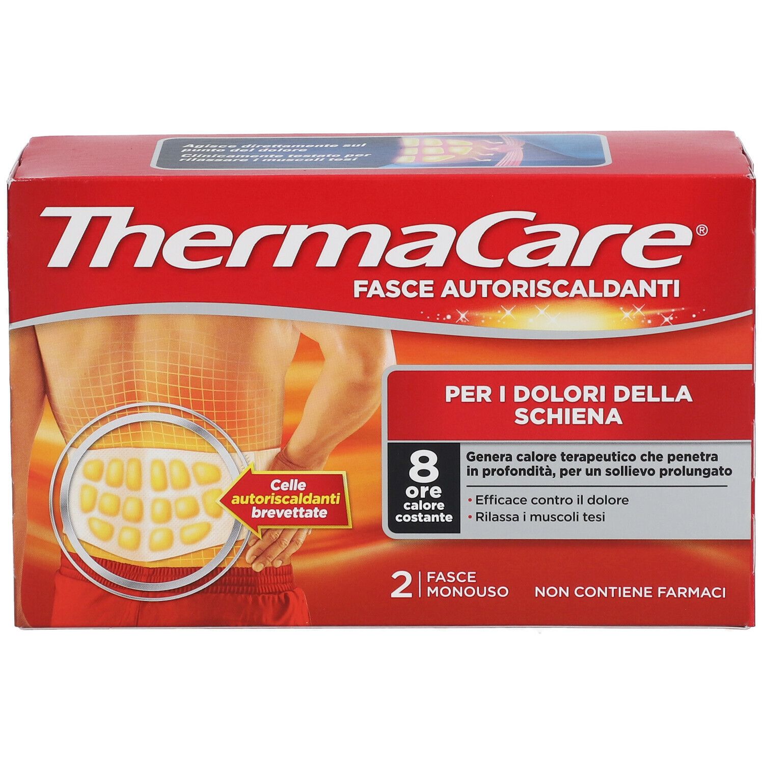 Confezione di ThermaCare® Fasce Autoriscaldanti. Scatola rossa con nome, immagine della schiena e testo. 2 fasce monouso.