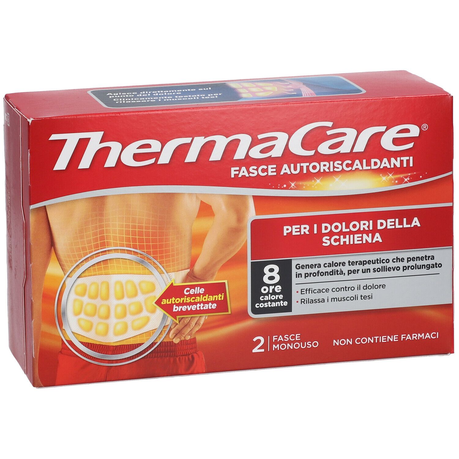 Confezione di ThermaCare® Fasce Autoriscaldanti. Scatola rossa con nome, immagine della schiena e testo. 2 fasce monouso.