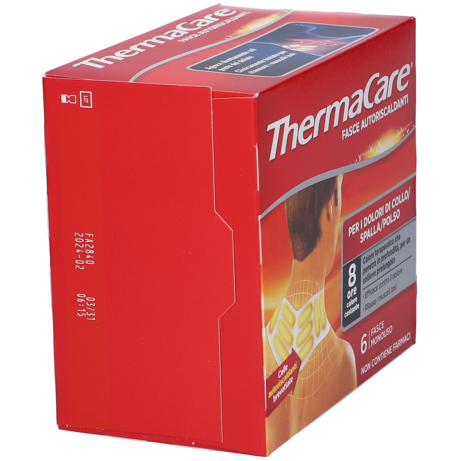 Confezione rossa ThermaCare, vista laterale. Testo e informazioni prodotto. 6 fasce. 8 ore di calore.