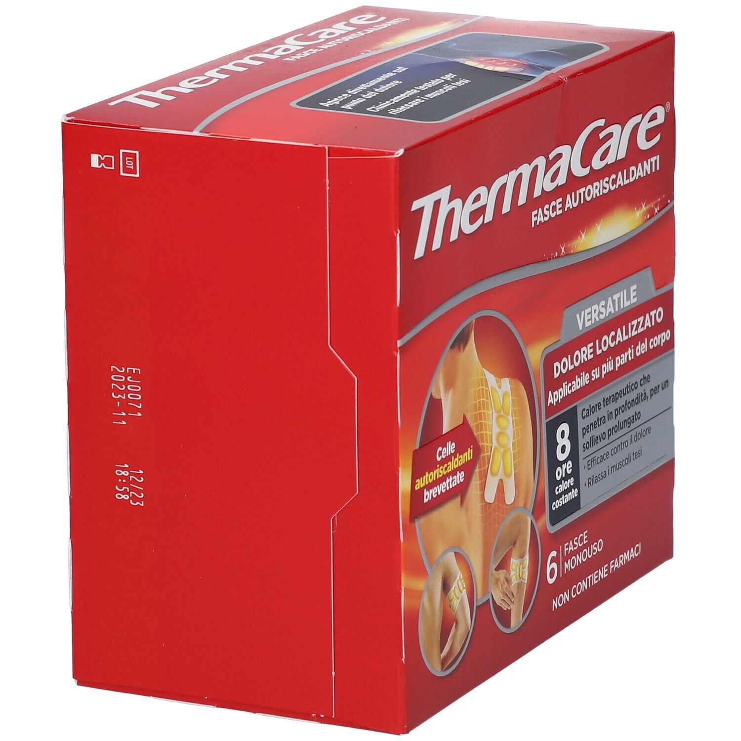 Lato della confezione rossa Thermacare. Testo: Fasce Autoriscaldanti, 6 Fasce Monouso. Date e codice a barre.