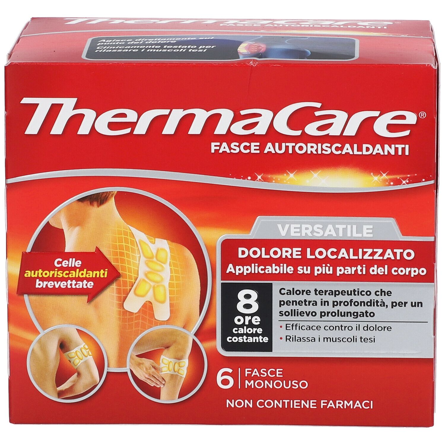 Confezione rossa Thermacare. Illustrazioni d'uso. Contiene 6 Fasce Monouso. Testo: Fasce Autoriscaldanti.
