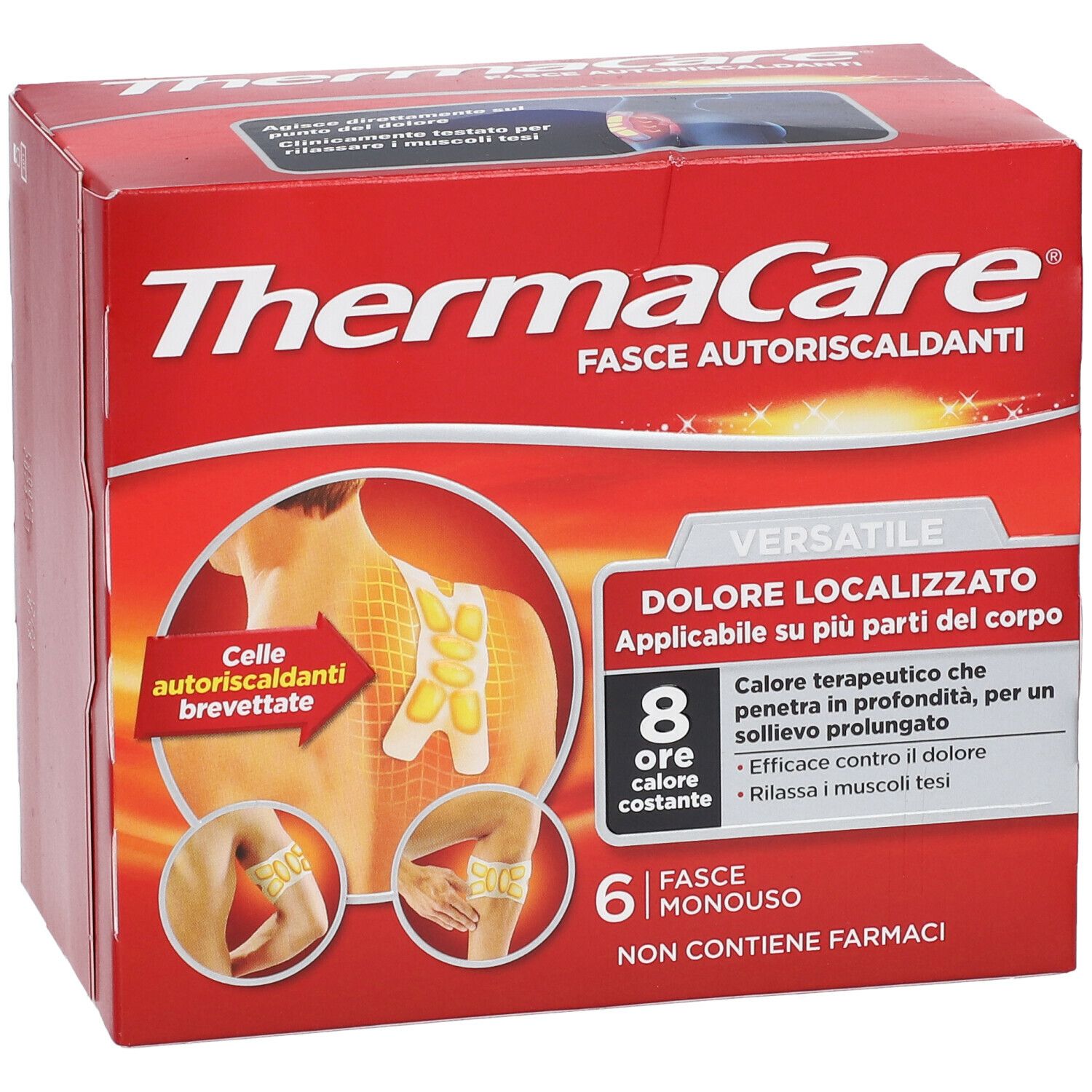 Confezione rossa Thermacare. Illustrazioni d'uso. Contiene 6 Fasce Monouso. Testo: Fasce Autoriscaldanti.