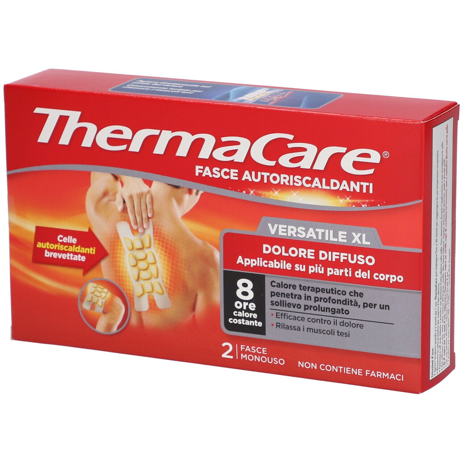 Confezione rossa ThermaCare Fasce Autoriscaldanti Versatile XL. 8 ore di calore. Contiene 2 fasce. Illustrazione del prodotto.