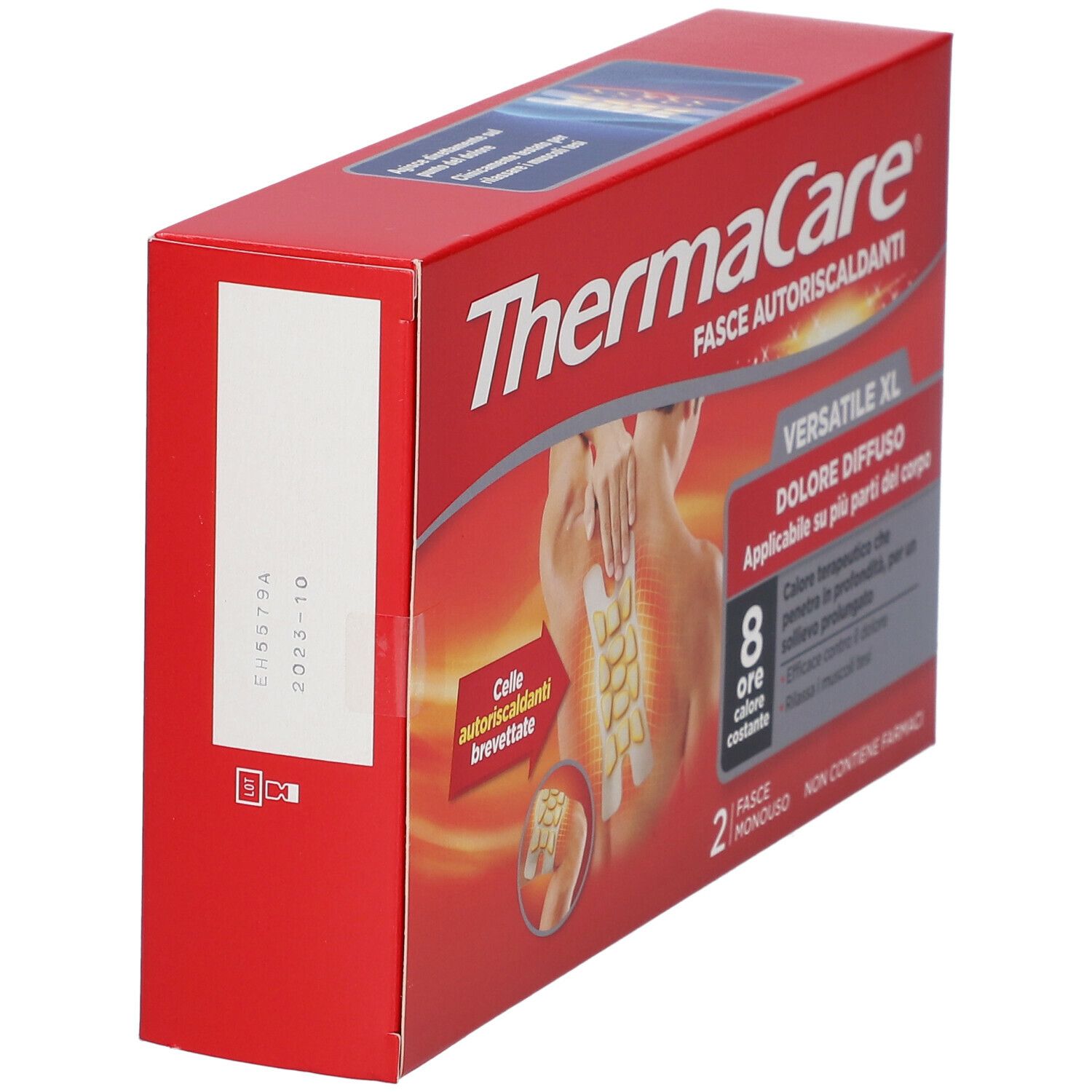 Lato della confezione rossa ThermaCare. Contiene Fasce Autoriscaldanti, Versatile XL, 8 ore di calore. Data.