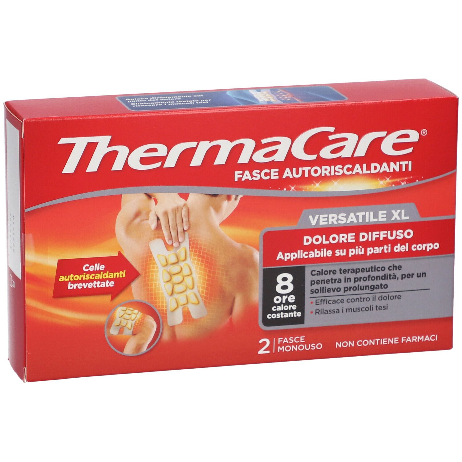 Confezione rossa ThermaCare Fasce Autoriscaldanti Versatile XL. 8 ore di calore. Contiene 2 fasce. Illustrazione del prodotto.