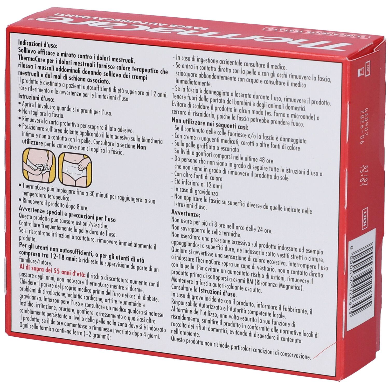 Confezione rossa. Testo: ThermaCare Fasce Autoriscaldanti. Per dolori mestruali. 8 ore di calore. 3 fasce.