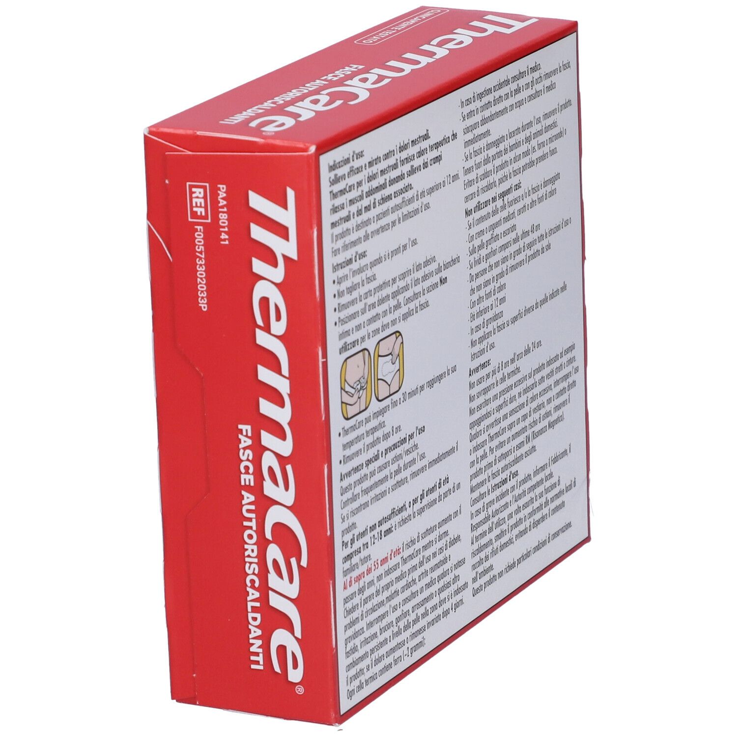 Confezione rossa. Testo: ThermaCare Fasce Autoriscaldanti. Per dolori mestruali. 8 ore di calore. 3 fasce.