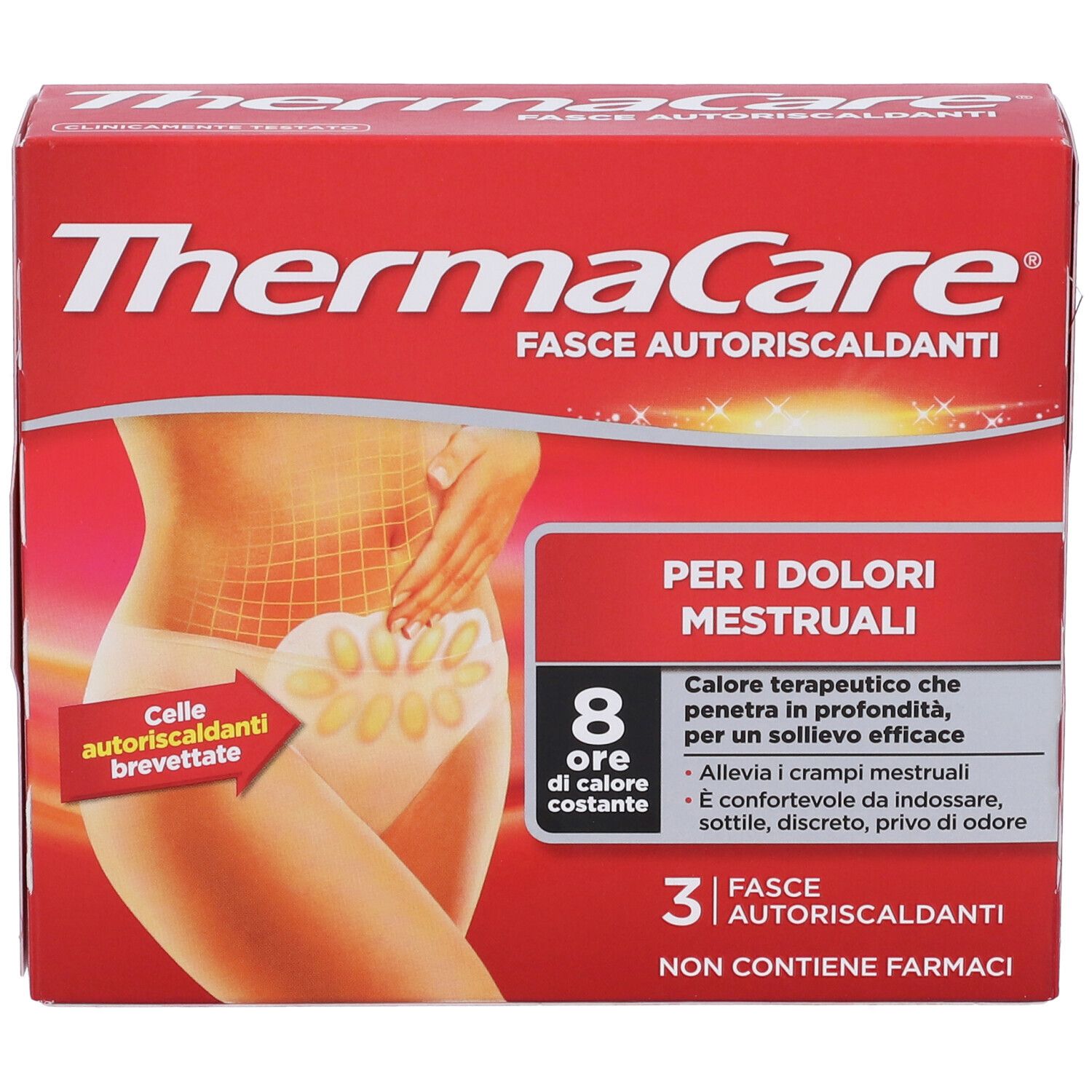 Confezione rossa. Testo: ThermaCare Fasce Autoriscaldanti. Per dolori mestruali. 8 ore di calore. 3 fasce.