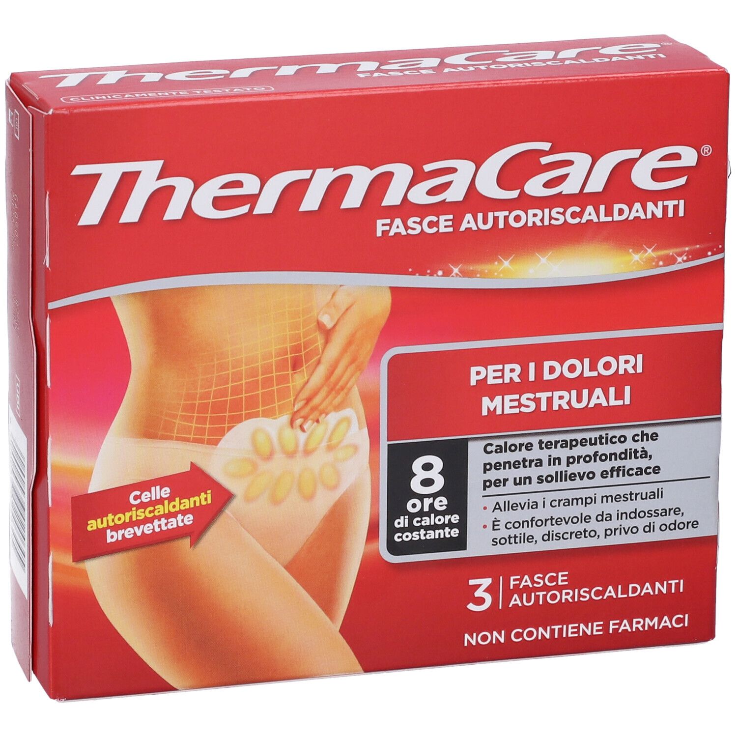 Confezione rossa. Testo: ThermaCare Fasce Autoriscaldanti. Per dolori mestruali. 8 ore di calore. 3 fasce.