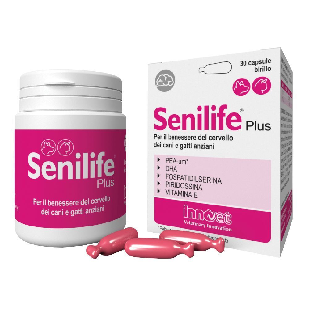 Flacone bianco e scatola con etichetta rosa. Scritta: Senilife Plus. 3 capsule rosa accanto.